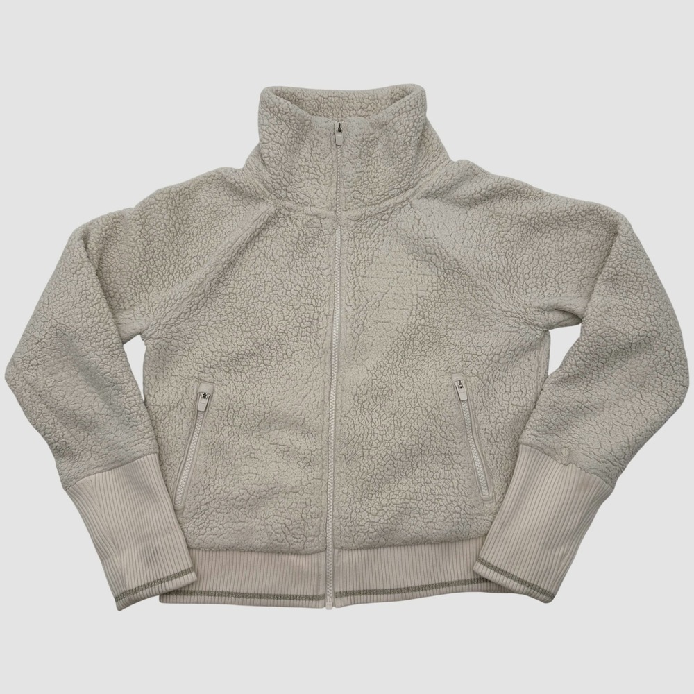 Athleta Womens XS Sherpa Fleece Full Zip Jacket Cream Ribbed Metallic Trim Cozy